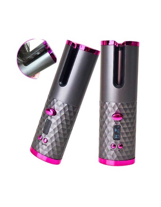 Rechargeable auto ceramic barrel hair waves curler 34W in gray and pink design.